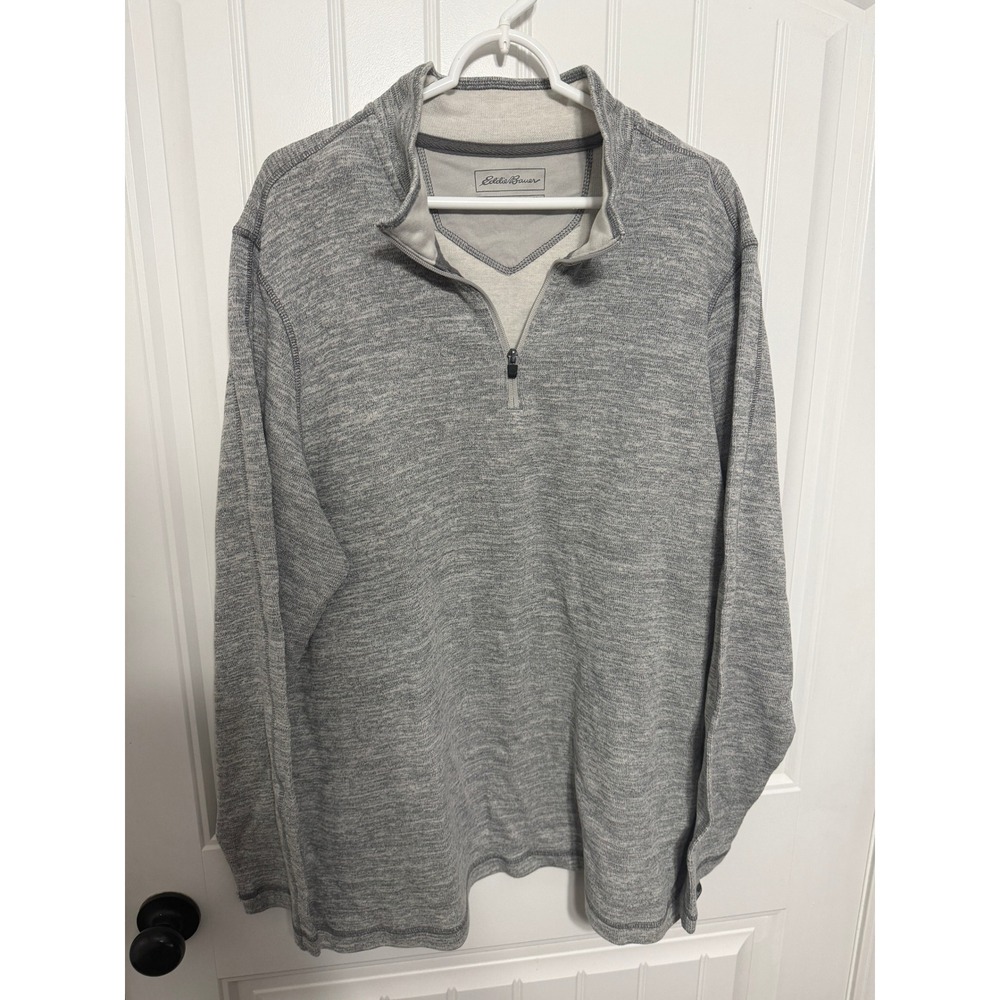 Eddie Bauer Pullover Mens T2XL Grey Marl Quarter Zip Mock Neck Space Dye Sweater